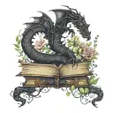 old books black dragon with script, stars, butterflies, flowers and vines curling outward tattoo design idea