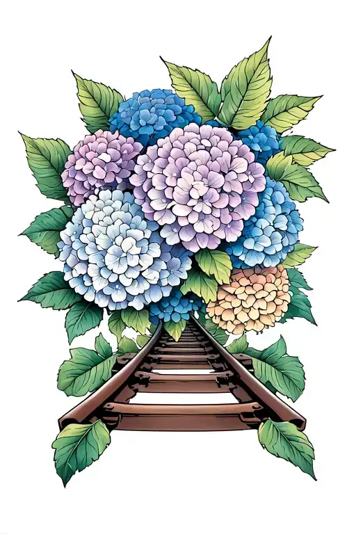 A neotraditional tattoo design of Loubelia's hydrangeas intertwined with a train track, symbolizing the journey of motherhood tattoo design idea