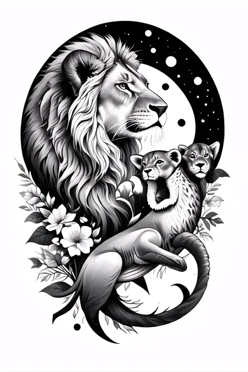 full sleeve tattoo in fine line feminine style with female lion and her cub, sharks, flowers, the moon phases tattoo design idea