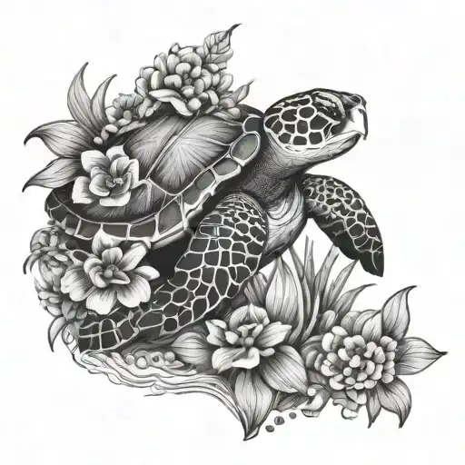 sea turtle with flowers tattoo design idea