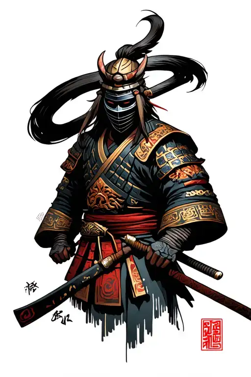 Samurai in a mask, they are waist -deep tattoo design idea