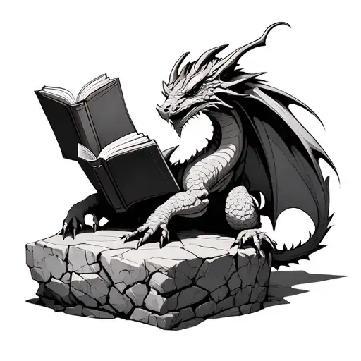 A slightly cracked granite triskel, a sleepy dragon on the top of the Triskel, a Korrigan who reads a book tattoo design idea