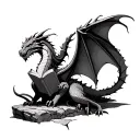 A slightly cracked granite triskel, a sleepy dragon on the top of the Triskel, a Korrigan who reads a book tattoo design idea