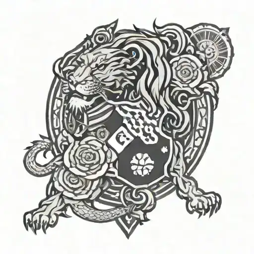 FC Barcelona club, a time symbol, a lion symbol, money, and the game of blackjack tattoo design idea