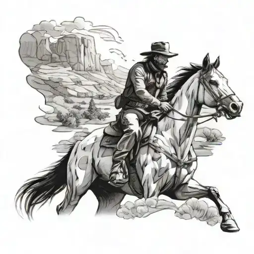 A realistic portrait of a cowboy from Red Dead Redemption riding a horse in a scenic nature setting tattoo design idea