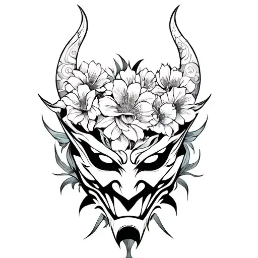oni mask wrapped in flowers tattoo design idea