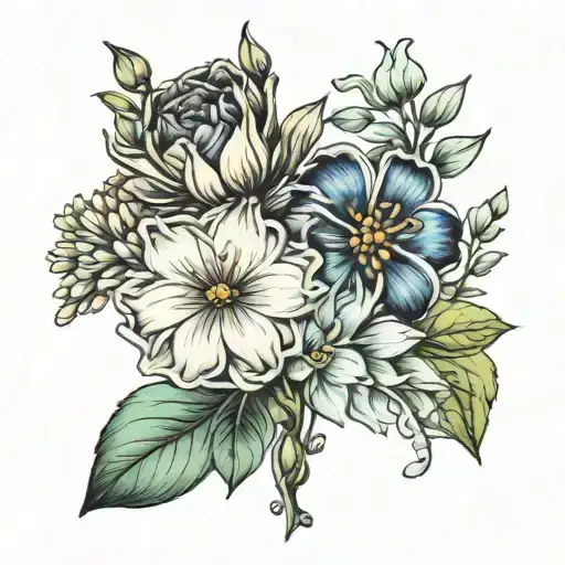 a bouquet of birth month flower: 2 different october birth flowers, one of june, one of March and one February  tattoo design idea