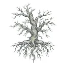 cross tree trunk roots w roots forming on sword surrounded tattoo design idea