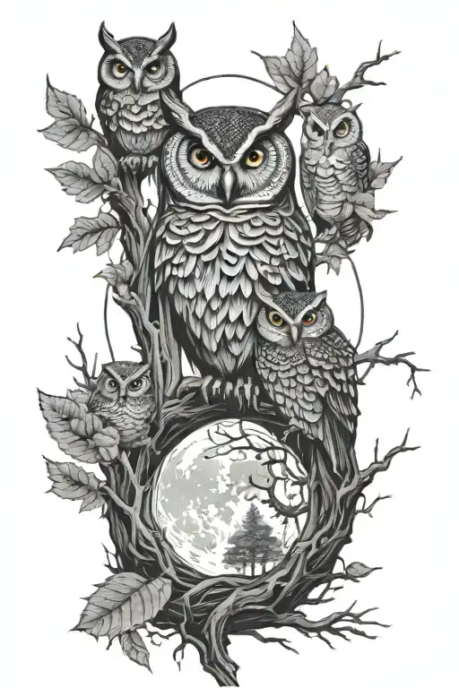forest surround by the moon with owls sitting on a branch tattoo design idea