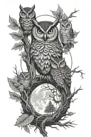 forest surround by the moon with owls sitting on a branch tattoo design idea