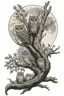 forest surround by the moon with owls sitting on a branch tattoo design idea