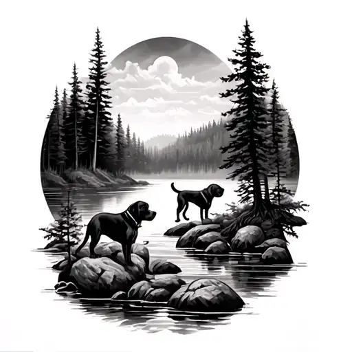 give me a half sleeve upper arm tattoo that is a forest with a waterside view and has a rottweiler and a lab playing, in tattoo design idea
