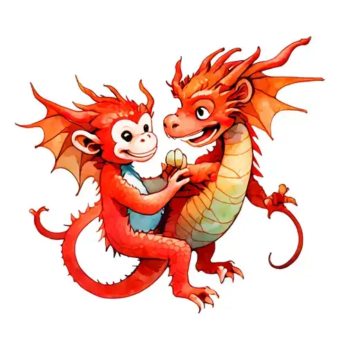 red dragon and monkey holding tattoo design idea