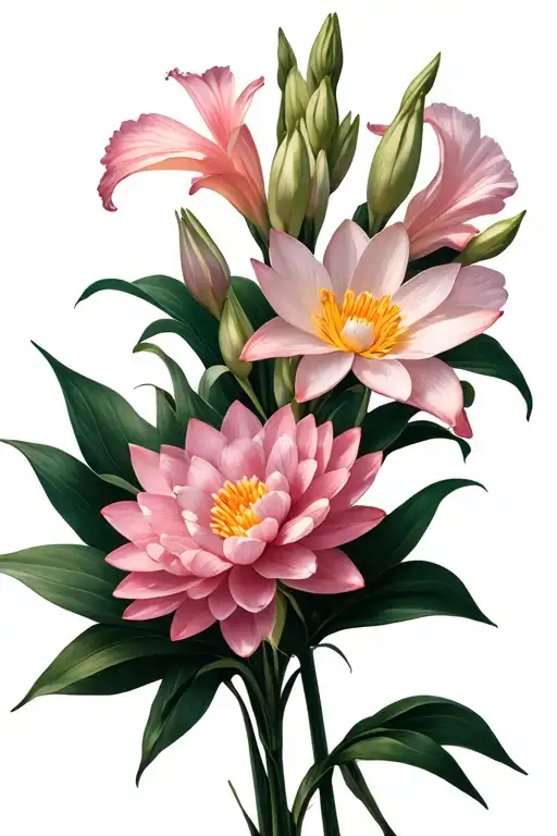 Daisy gladiolus carnation water lily bouquet tattoo design idea