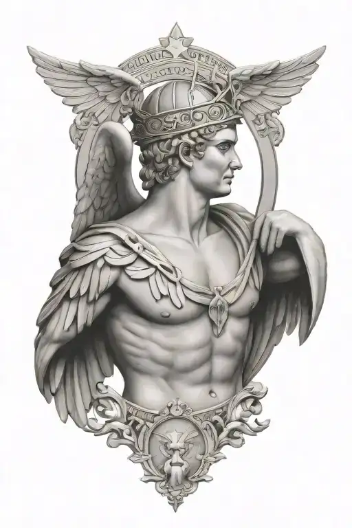 Hermes messenger god, winged crown, greek art, Greek symbolism, greek consolations star background tattoo design idea