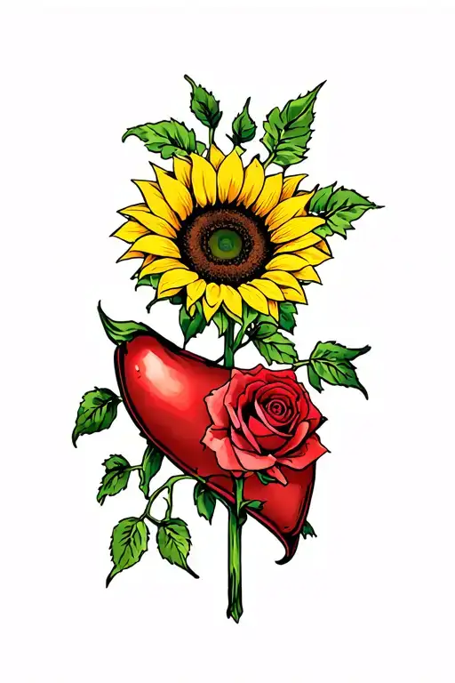 liver with sunflowers and a single red rose intertwined tattoo design idea