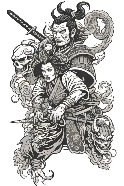 samurai warrior and women face. demon holding tattoo design idea