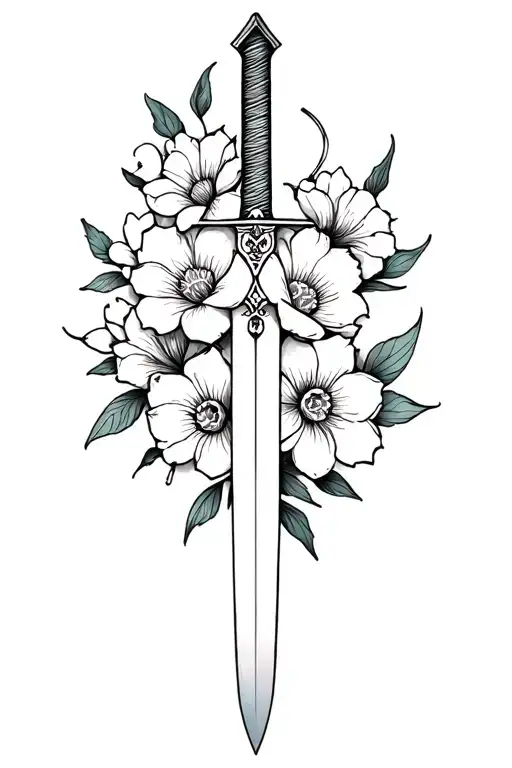 sword and flowers tattoo design idea