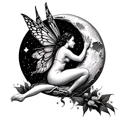 fairy sitting on moon and reaching down tattoo design idea