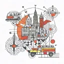 design incorporating landmarks from each country in Latin America visited, surrounded by Mondrian-inspired patterns tattoo design idea