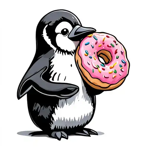 a penguin holding a donut tattoo design idea