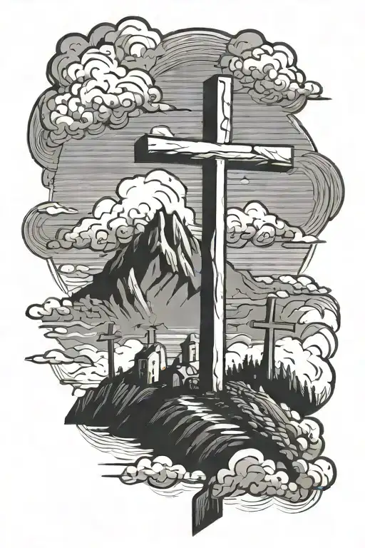 paint stroke 3 Crosses on hill surrounded by dark clouds  tattoo design idea