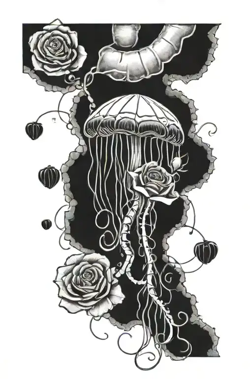jelly fish and rose tattoo design idea