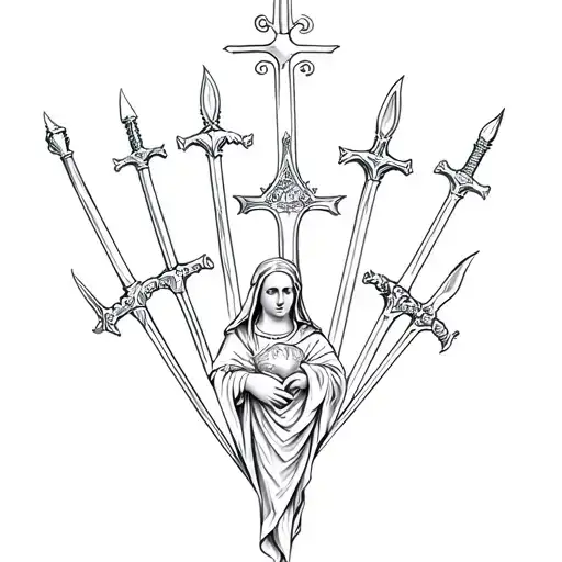 design a tattoo of the Madonna dei sette dolori (Our Lady of Help) surrounded with  seven swords in the heart tattoo design idea