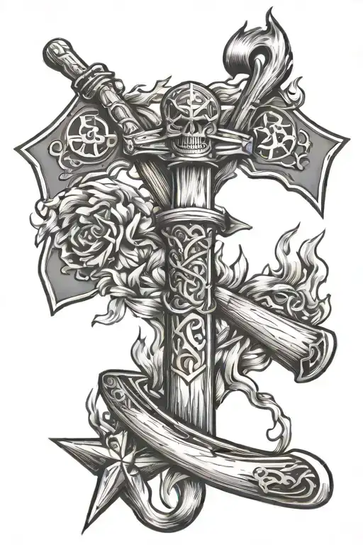 rowing oar, star of life, fire axe, smoke tattoo design idea