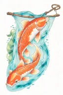 koi fish in a river mountain hammock forest lake canoe tattoo design idea
