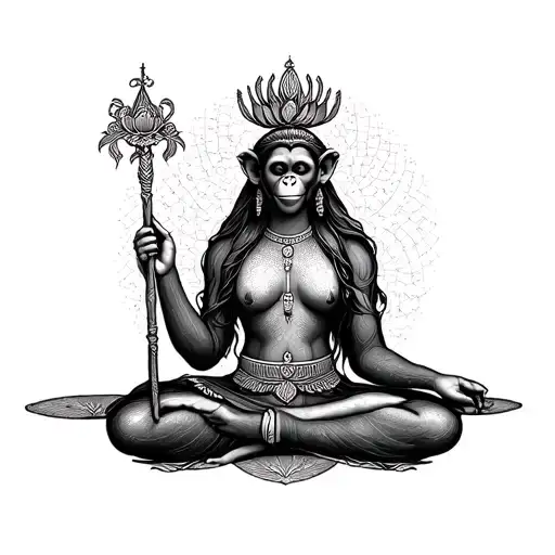 The queen of monkeys, green-eyed, slender, dark blond hair sitting in a lotus pose with a staff in his hand tattoo design idea