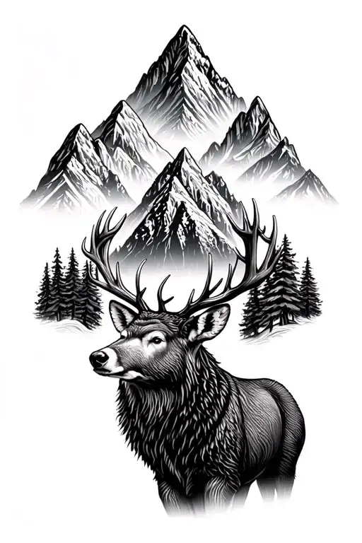 Pine forest with mountains rising Phoenix And a combination of deer, bear tattoo design idea