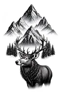 Pine forest with mountains rising Phoenix And a combination of deer, bear tattoo design idea