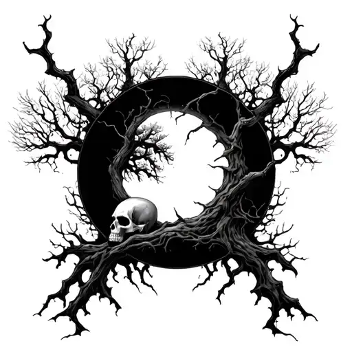 Broken circle with tree and skull, dark gothic style, fine lines. tattoo design idea