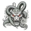 Japanese-style snake sleeve with a demonized head, vibrant colors:red, pale blue, black, white and fillers like sakura  tattoo design idea