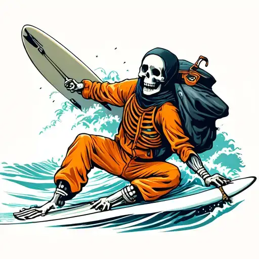 surfing skeleton in a orange jumpsuit and a black headsack tattoo design idea