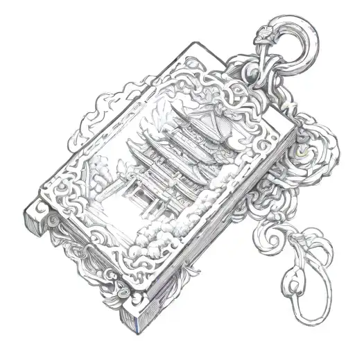 the side face of a pagoda perspective exiting the single omamori japanese blank empty paper charm tattoo design idea