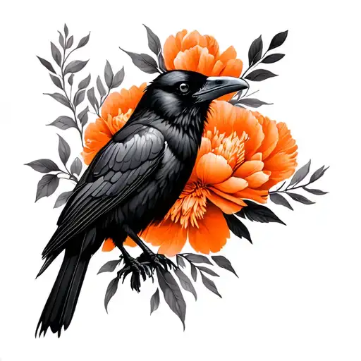 raven with black and orange floral peonie flowers tattoo design idea