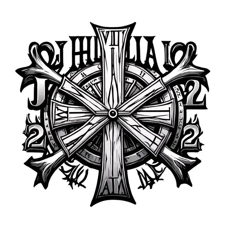 "Jhullia" jerusalem cross combined with 22 backgrounf with a clock of time tattoo design idea