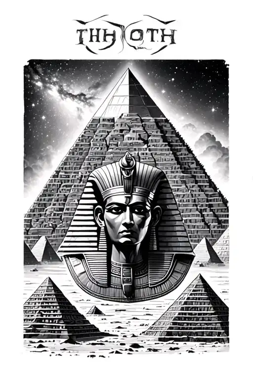 3 Pyramids of giza with Thoth egyptian god in the forefront and a galaxy overhead tattoo design idea