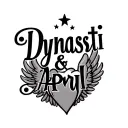 "Dynasti & April" "Dynasti & April" "Dynasti & April" name in shape of heart with wings and 5 point stars tattoo design idea