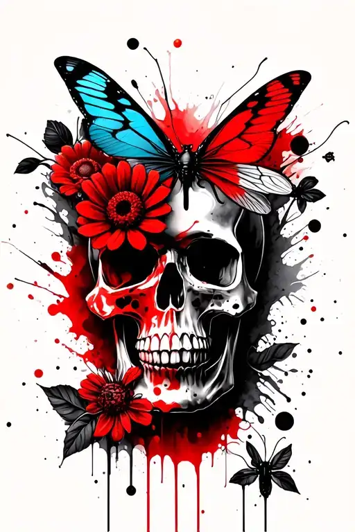butter flies, flowers, skull, tattoo design idea