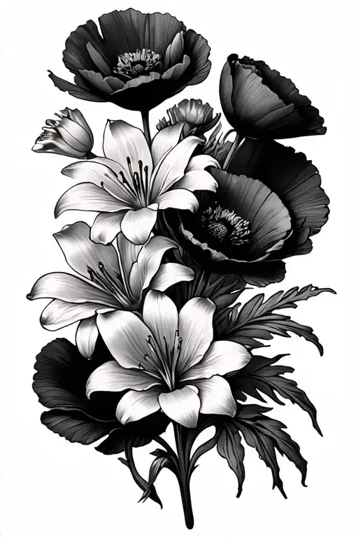 A bouquet of flowers with only poppies, scilla nana and lilies tattoo design idea
