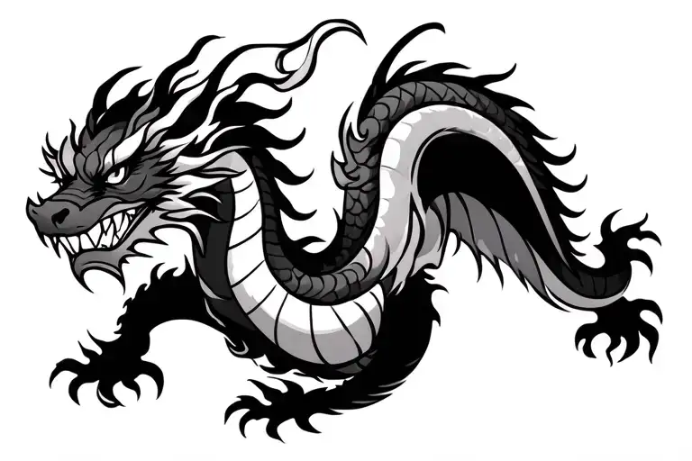 single head traditional Japanese dragon without wings black and grey full length design tattoo design idea