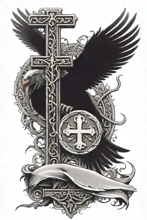Thor arm band on the top, then doves under the thorn band, A Cross underneath that says Yahweh in Hebrew  tattoo design idea