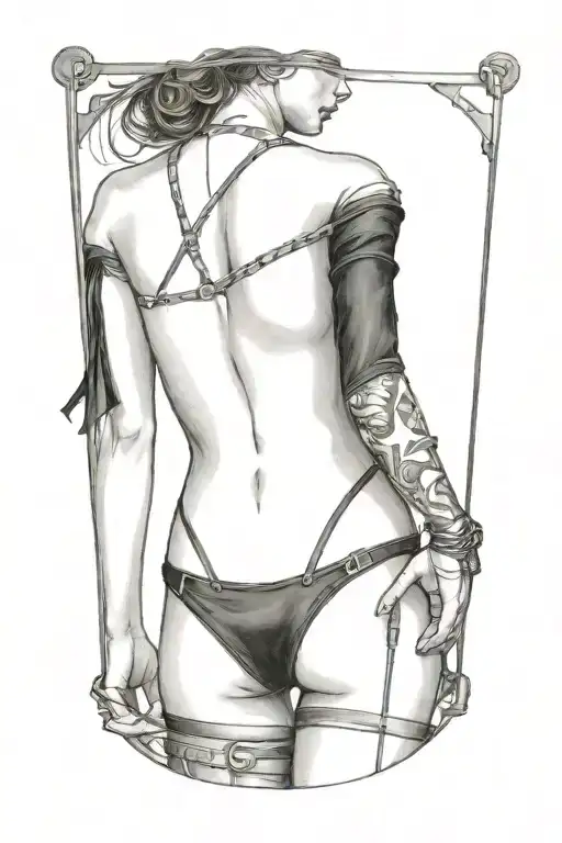 sexy woman in bondage underwear standing facing left tattoo design idea