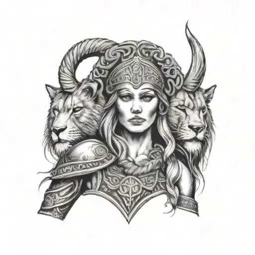 Female viking warrior with lion headdress and biblical feel tattoo design idea