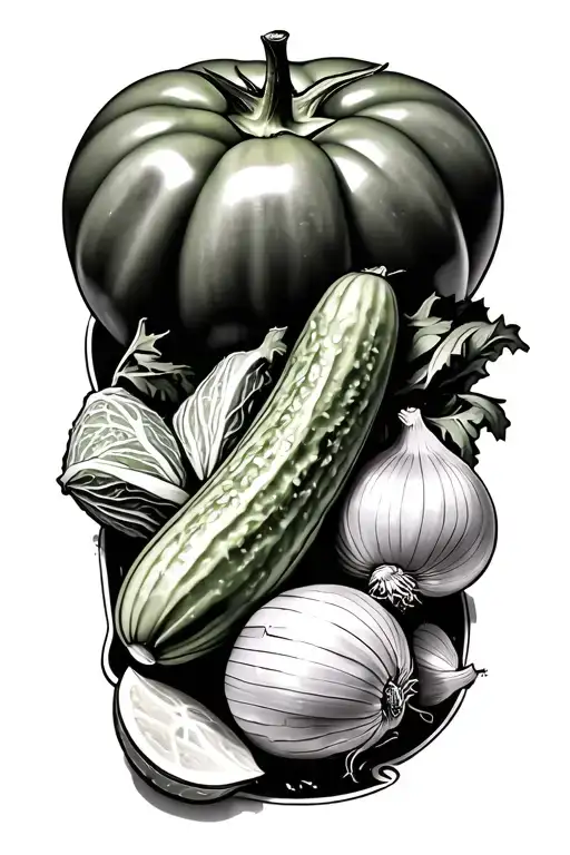 tomatoe, cucumbers, raddish, cabbage, garlic, onion tattoo design idea