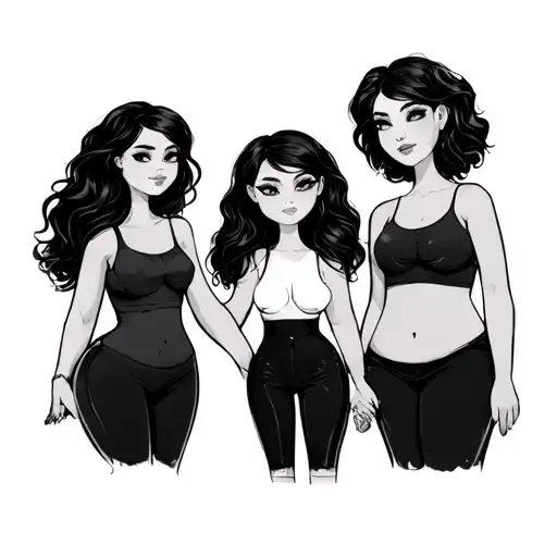 3 Girl stick figure holding hands one with big butt, one with lashes one shorter tattoo design idea