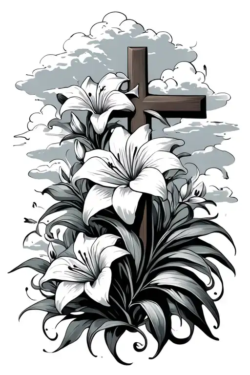 cross with lily flowers with clouds surrounding tattoo design idea